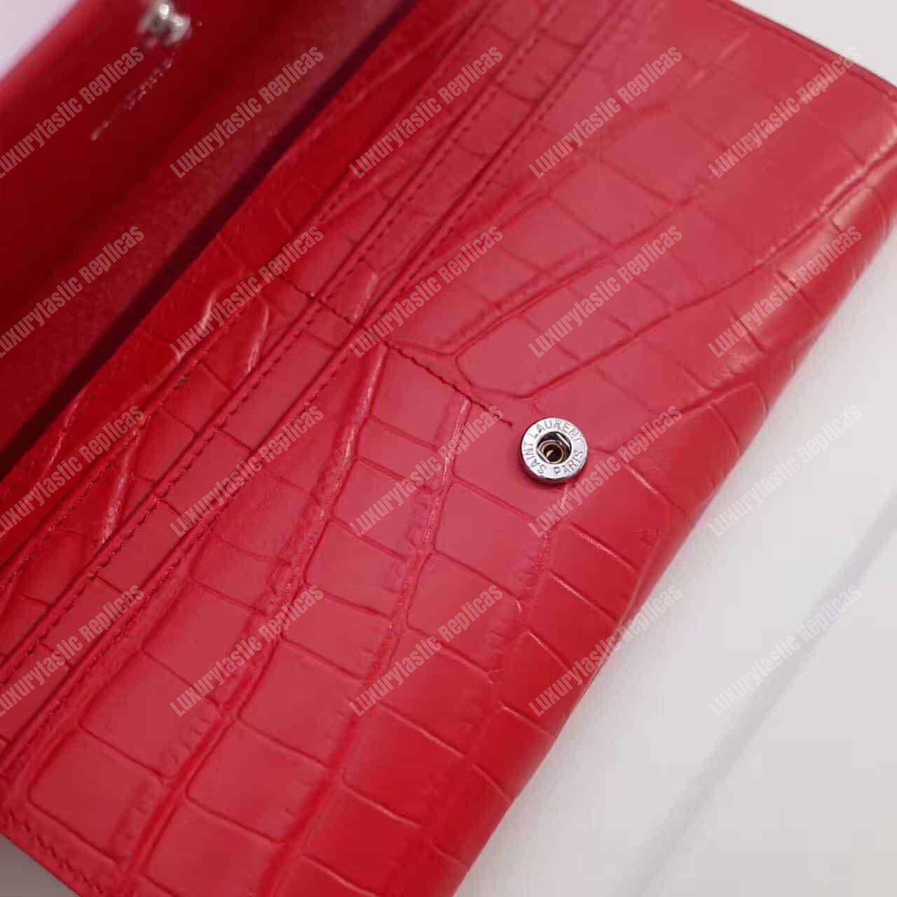 Saint Laurent Large Flap Wallet In Red Crocodile Embossed Shiny
