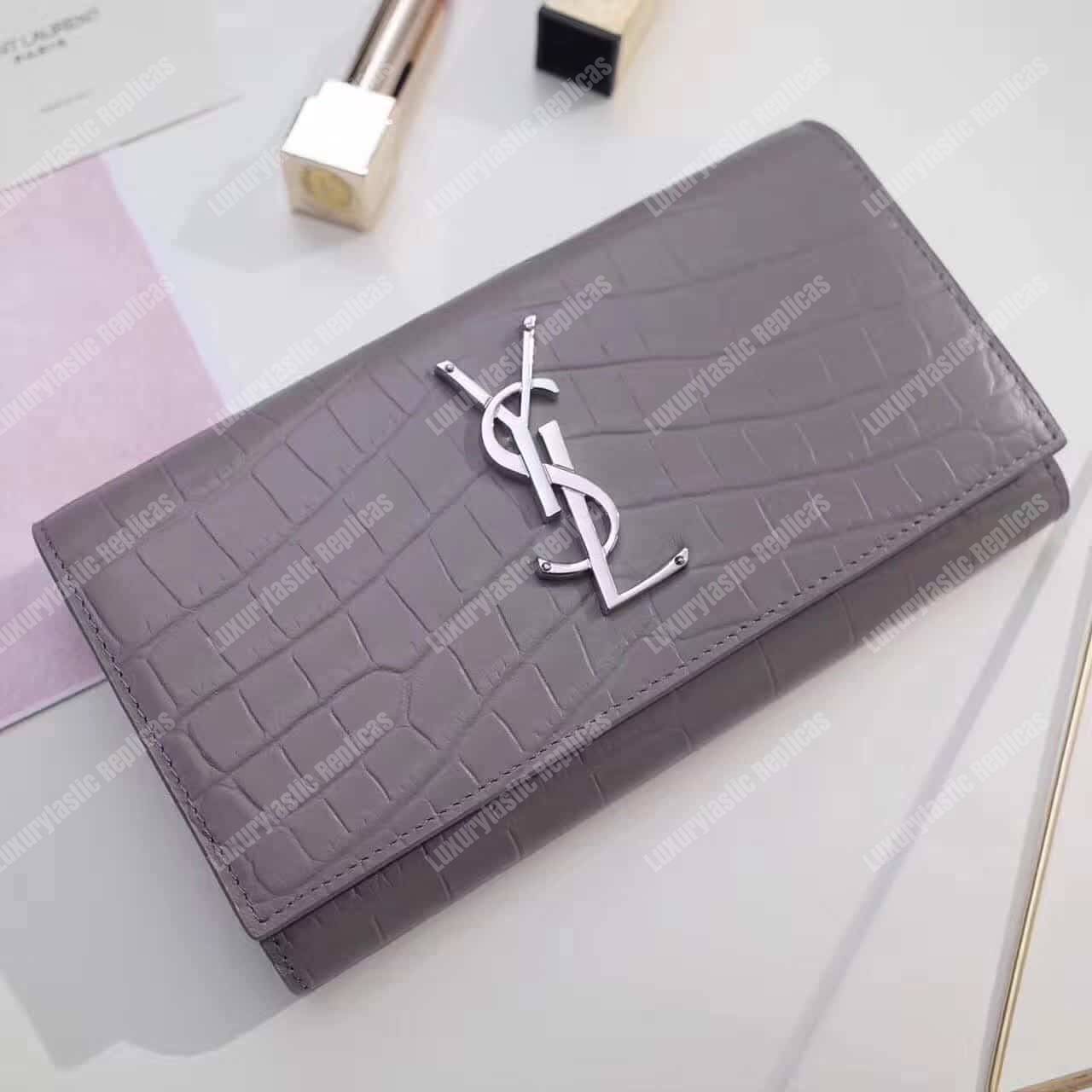 Saint Laurent Large Flap Wallet In Earth Grey Crocodile Embossed Shiny