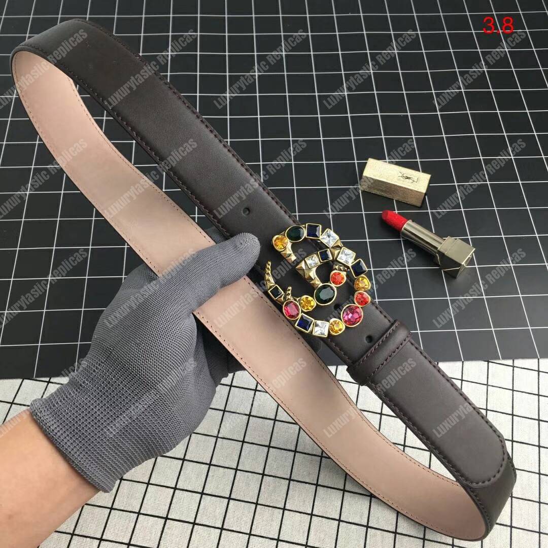 G*u*i leather belt with crystal double g buckle