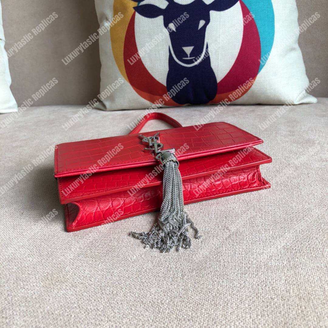 Saint Laurent Kate Chain Wallet With Tassel Red Crocodile