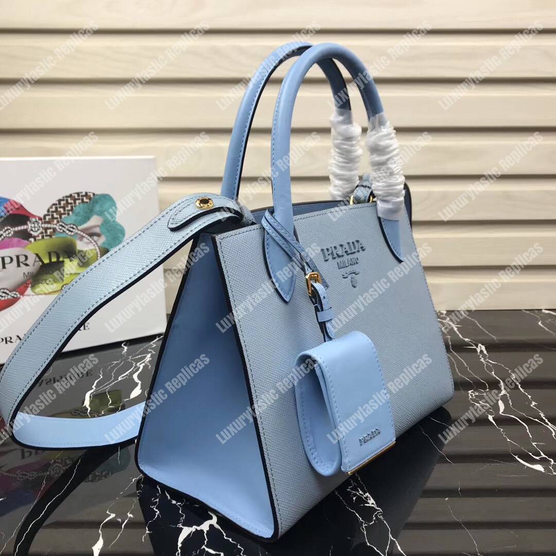 pra*a monoCh*0me saffiano leather bag light blue