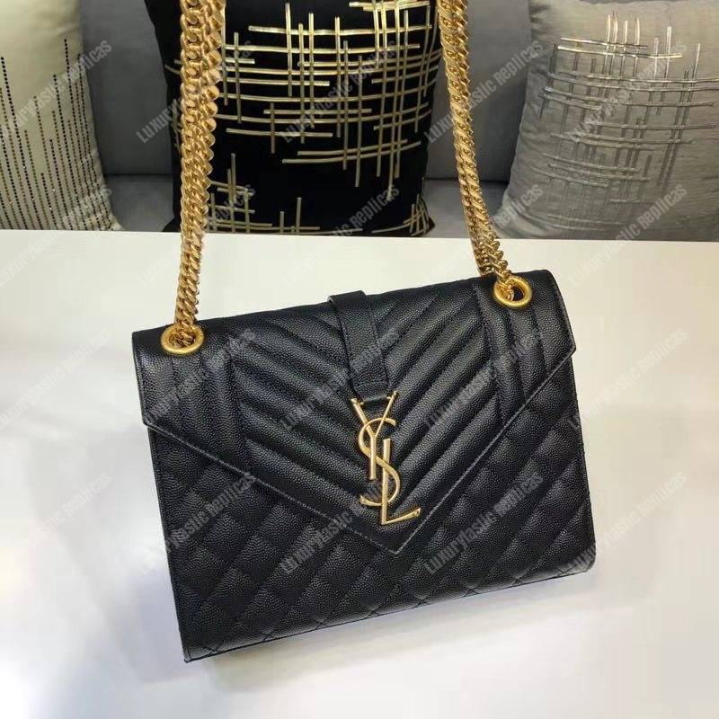 Saint Laurent Envelope Medium Bag Mix Matelassé Grain De Poudre Embossed leather Black Gold-Toned