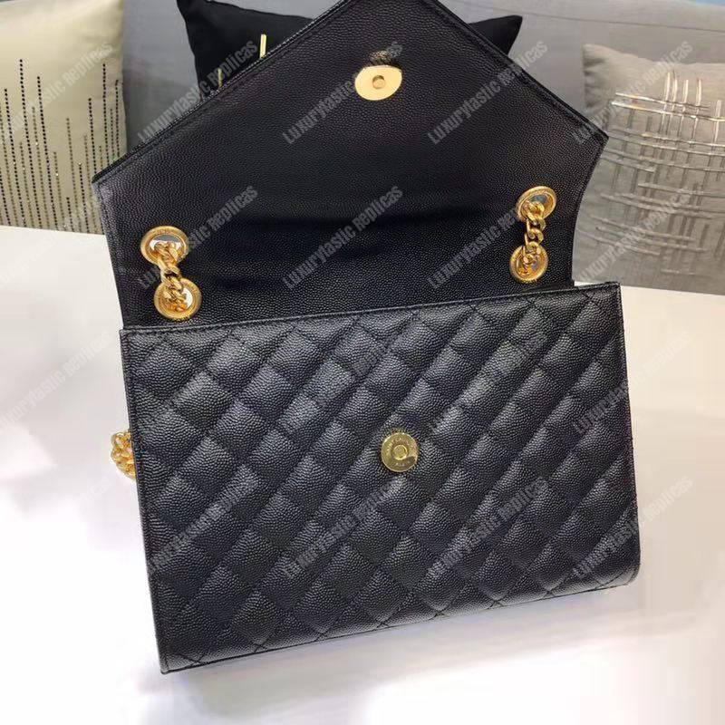 Saint Laurent Envelope Medium Bag Mix Matelassé Grain De Poudre Embossed leather Black Gold-Toned