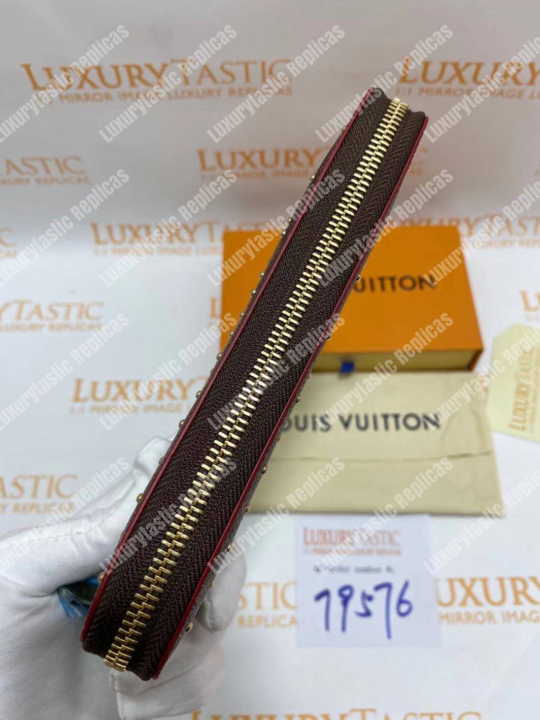 LV Zippy Wallet Damier Ebene Gold Studs