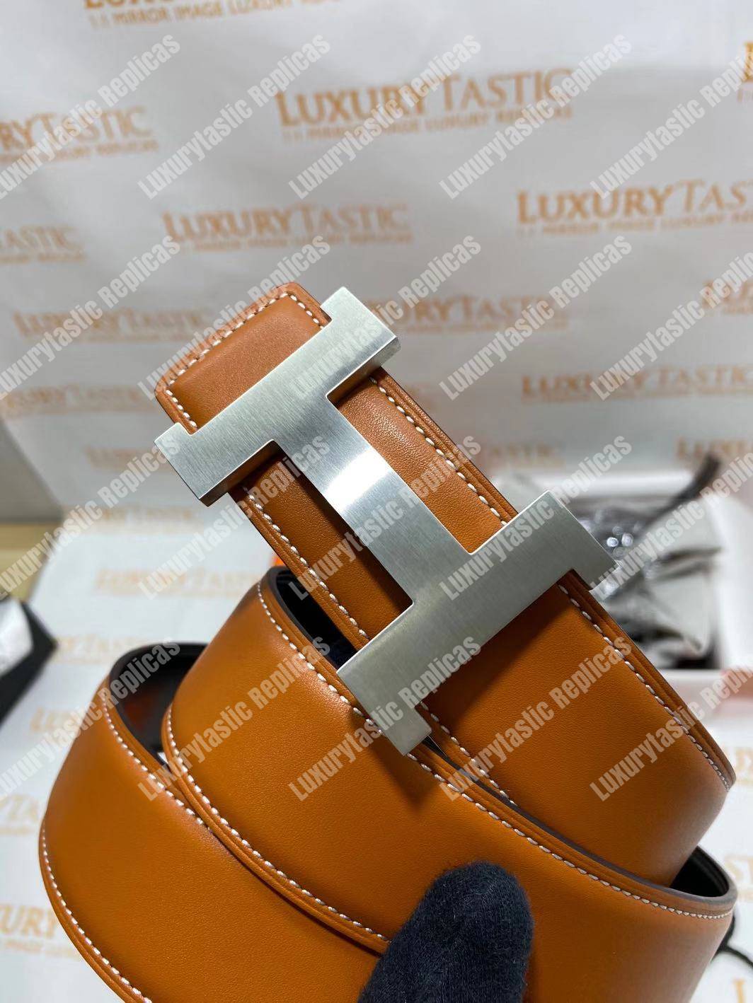 H**mes h belt buckle reversible leather strap brown