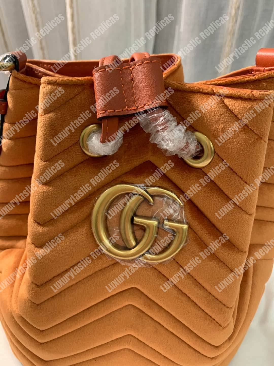 G*u*i gg marmont velvet bucket bag camel