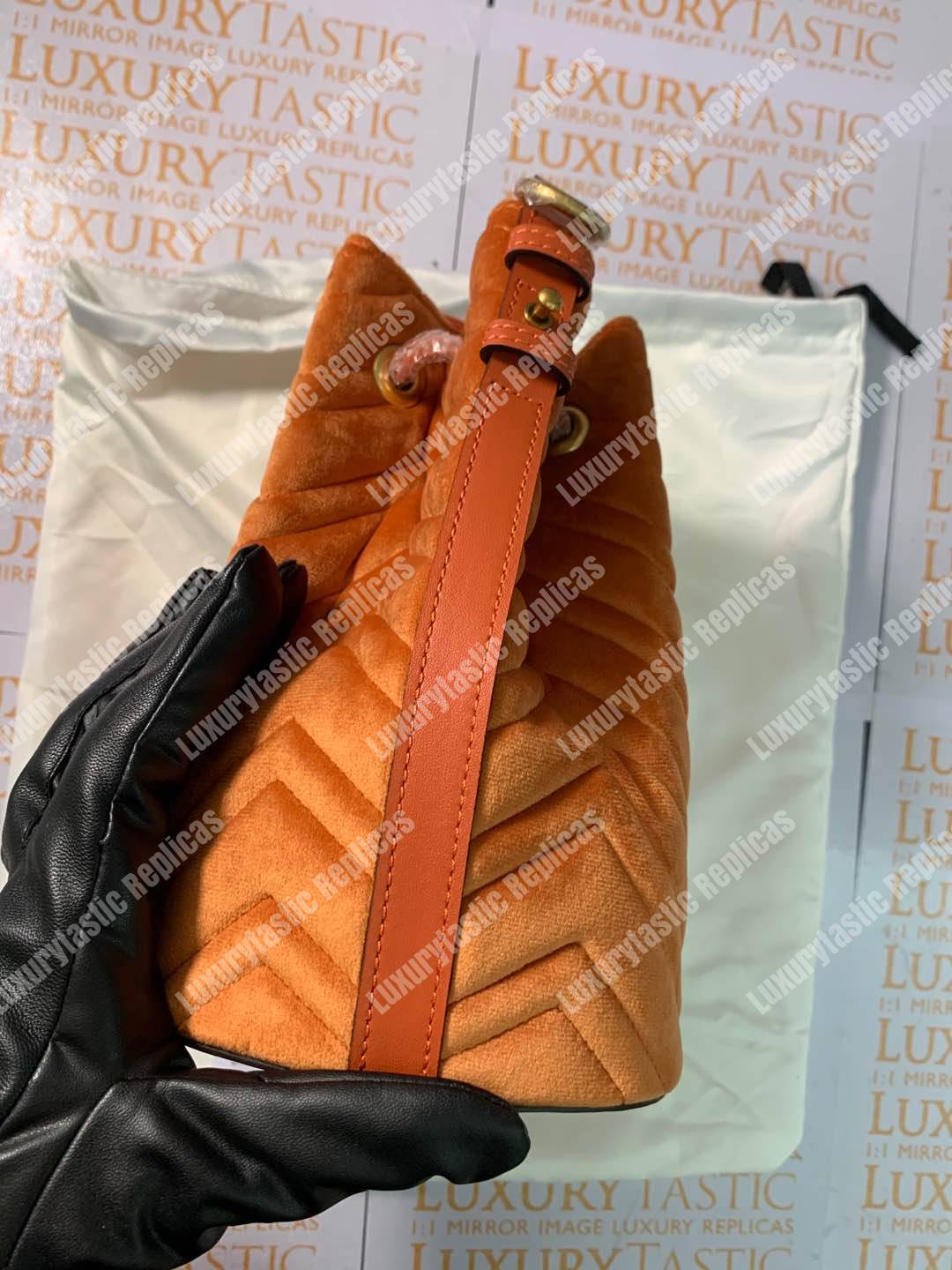 G*u*i gg marmont velvet bucket bag camel