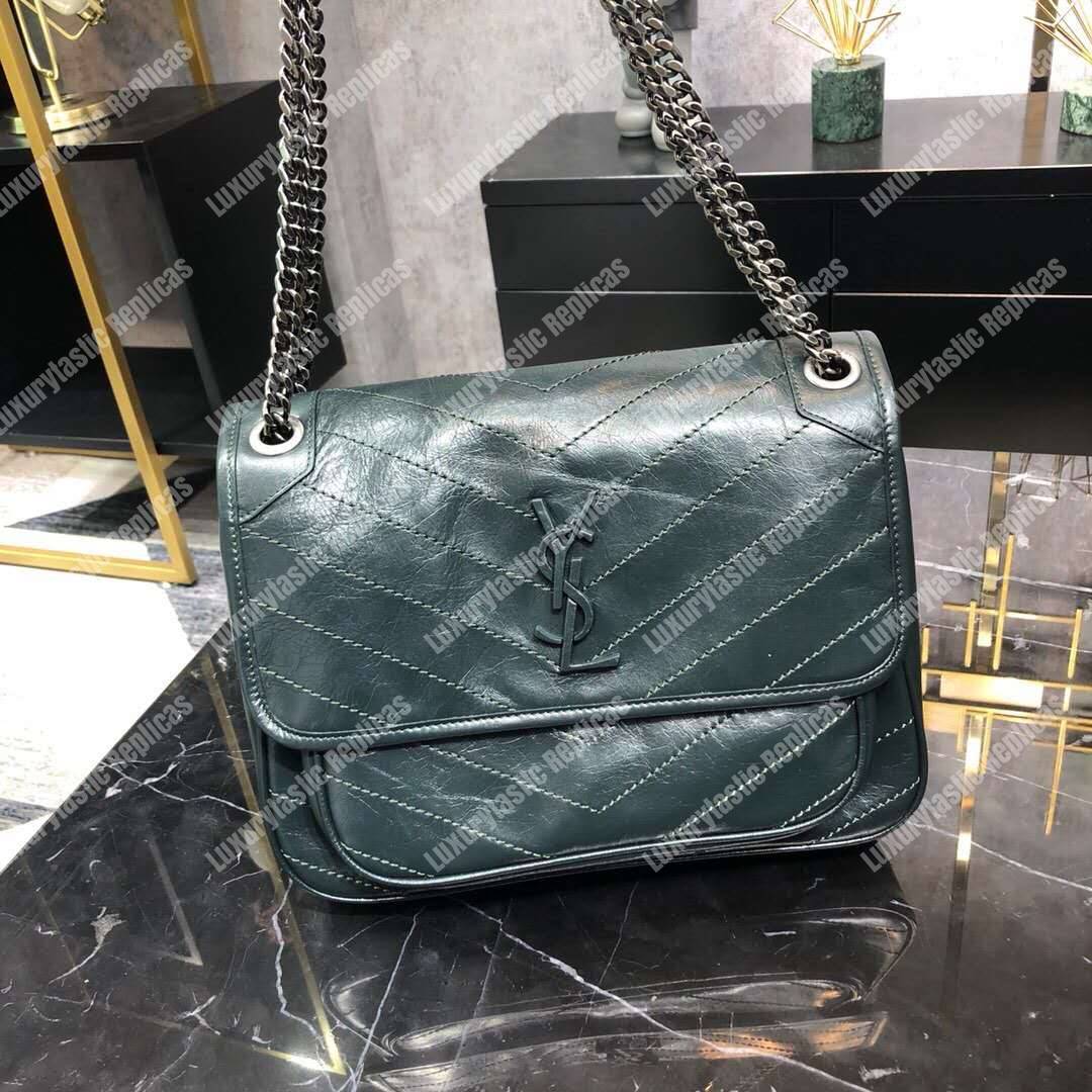Saint Laurent Niki Medium Bag In Crinkled Vintage Leather Deep Green