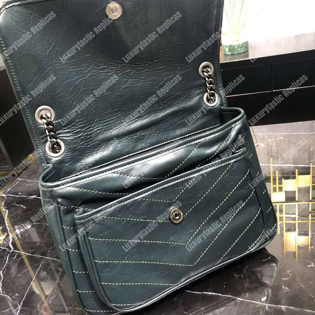 Saint Laurent Niki Medium Bag In Crinkled Vintage Leather Dark Green