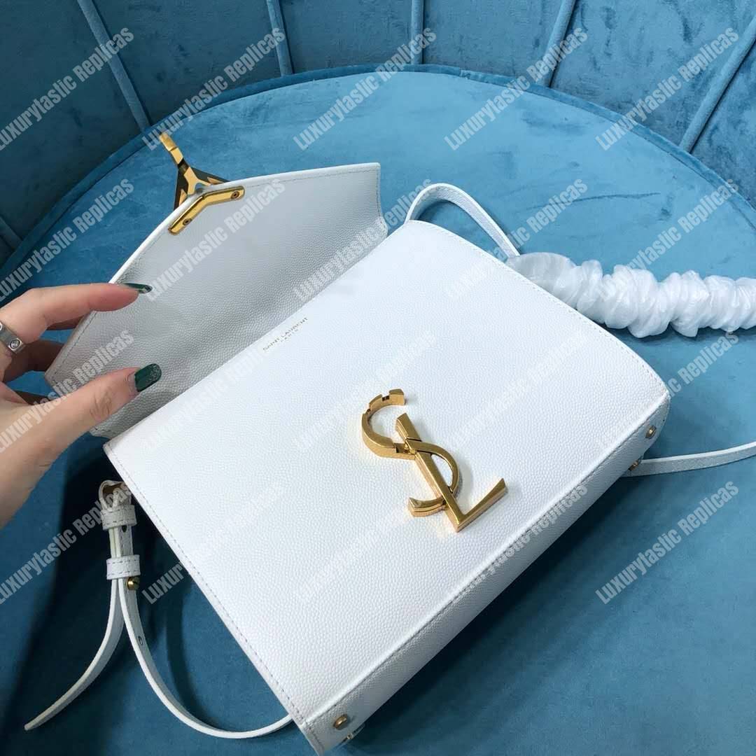 Saint Laurent Cassandra Mini Top Handle Bag In Grain De Poudre Embossed Leather White