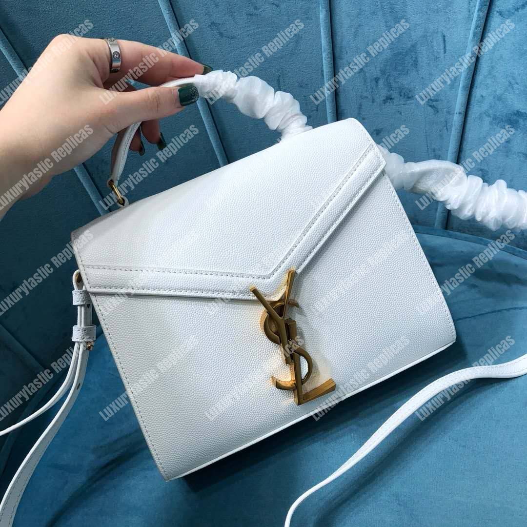 Saint Laurent Cassandra Mini Top Handle Bag In Grain De Poudre Embossed Leather White