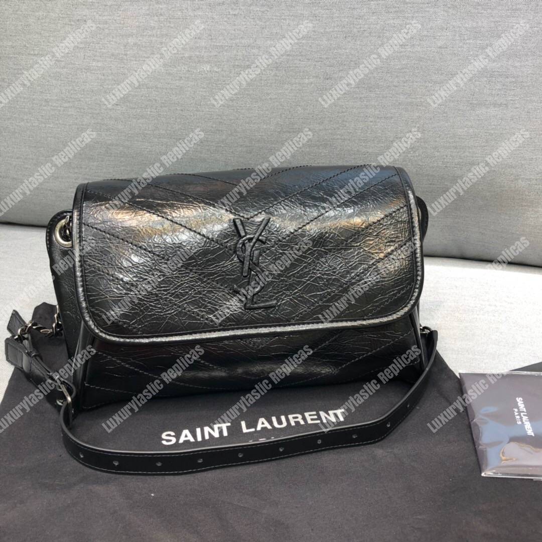 Saint Luarent Niki Body Bag In Crinkled Vintage Leather Black
