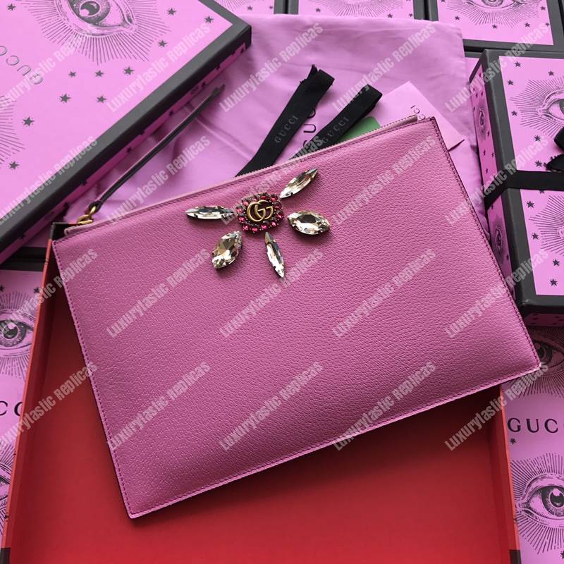 G*u*i leather pouch with double g and crystals pink