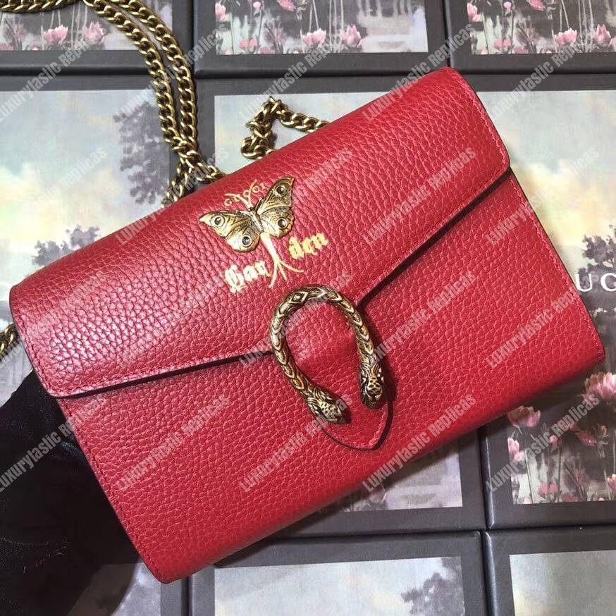 G*u*i calfskin garden dionysus chain wallet red with butterfly