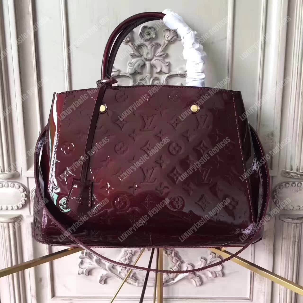 LV Montaigne MM Tote Bag Monogram Vernis Amarante