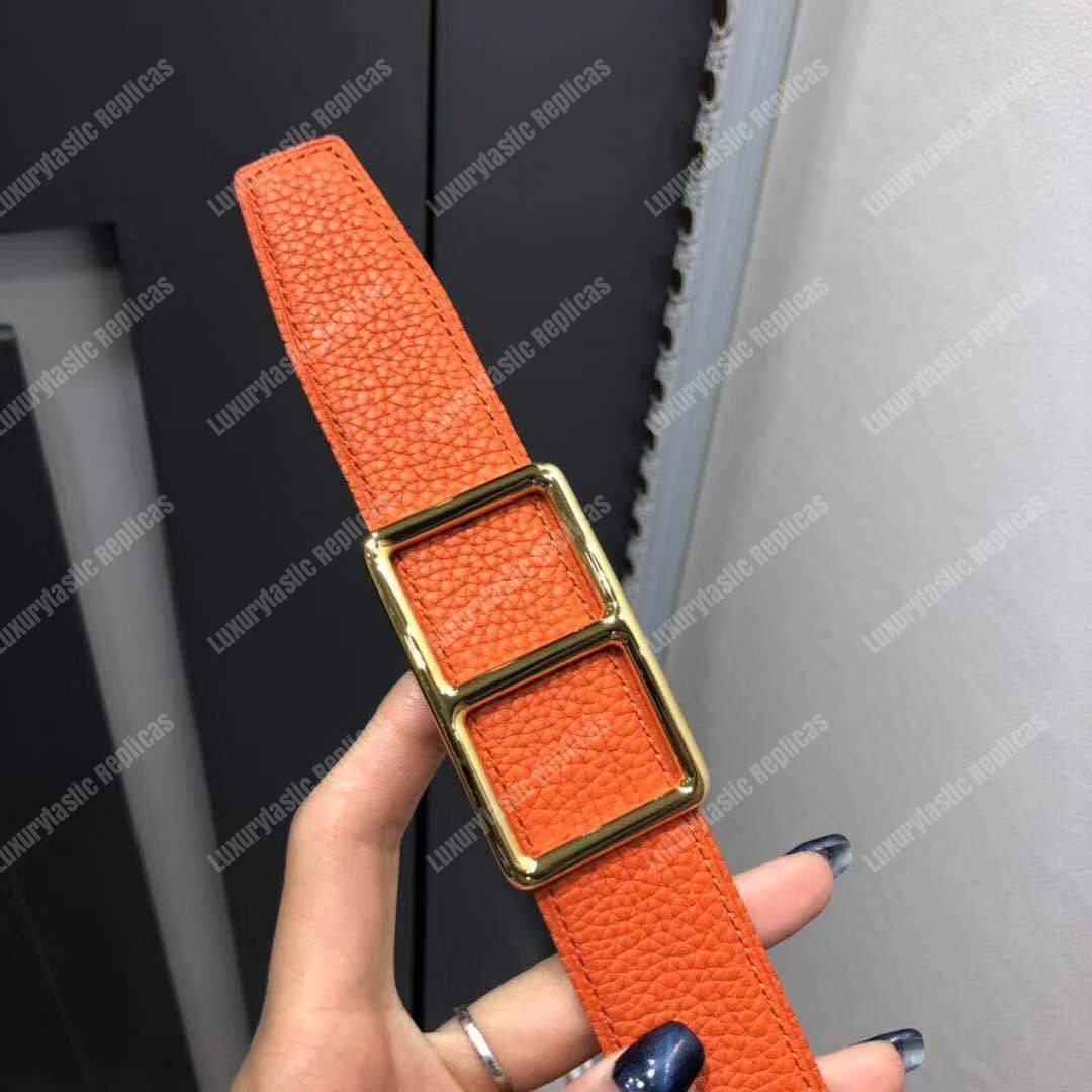 H**mes officier belt buckle reversible leather strap black/orange