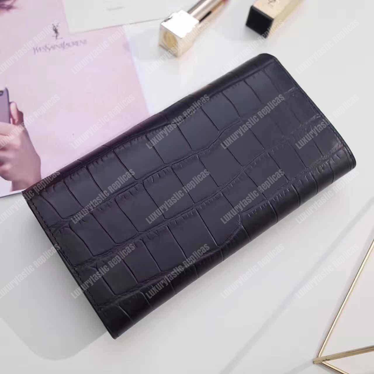 Saint Laurent Large Flap Wallet In Black Crocodile Embossed Shiny