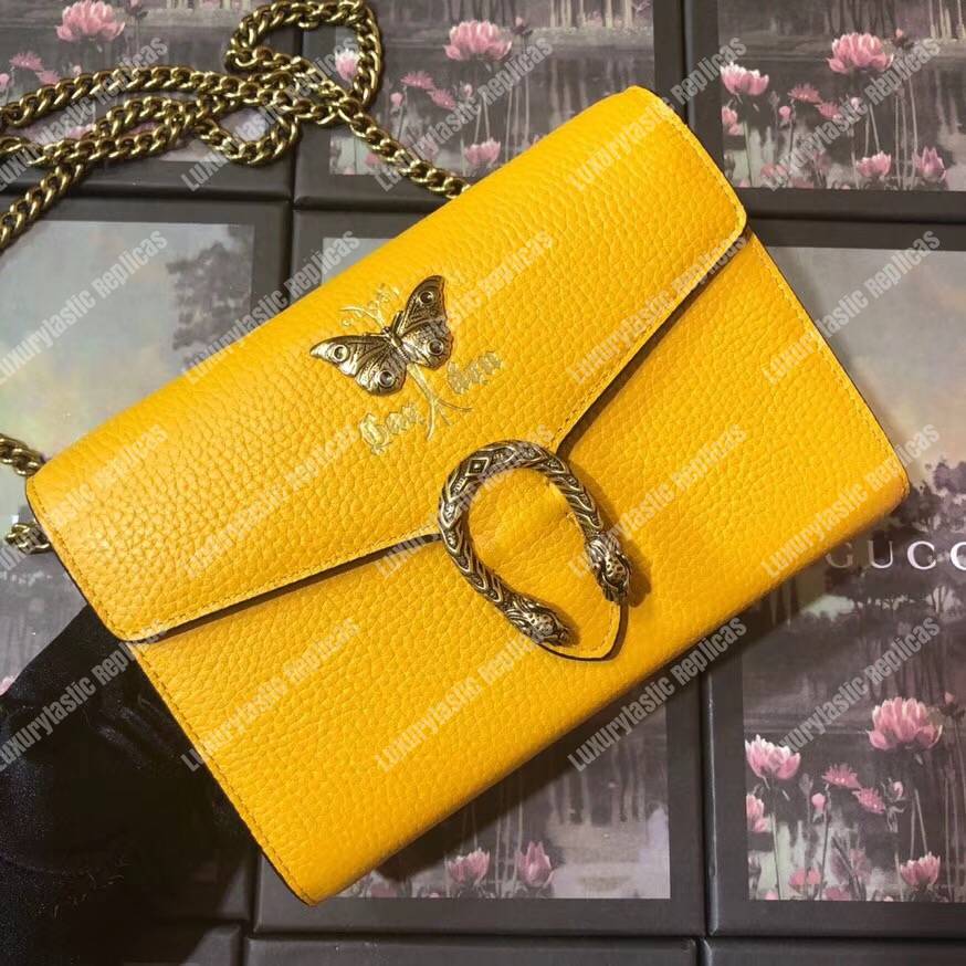 G*u*i calfskin garden dionysus chain wallet yellow with butterfly