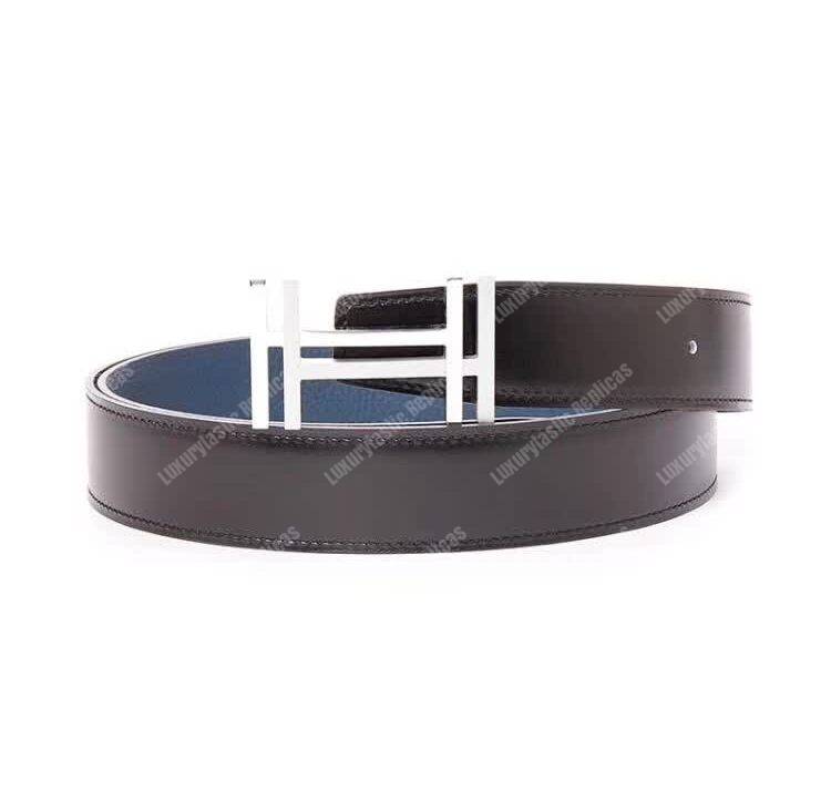 H**mes h au carre belt buckle reversible leather strap graphite / bleu de prusse