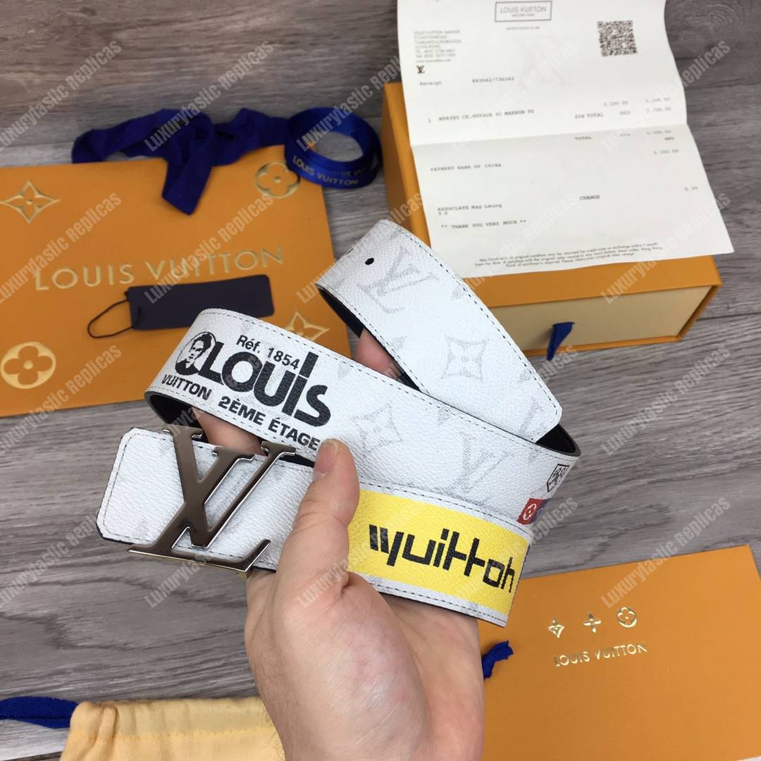 LV White Initiales With Printed Stickers 40MM Reversible Leather Belt Gold Hardware
