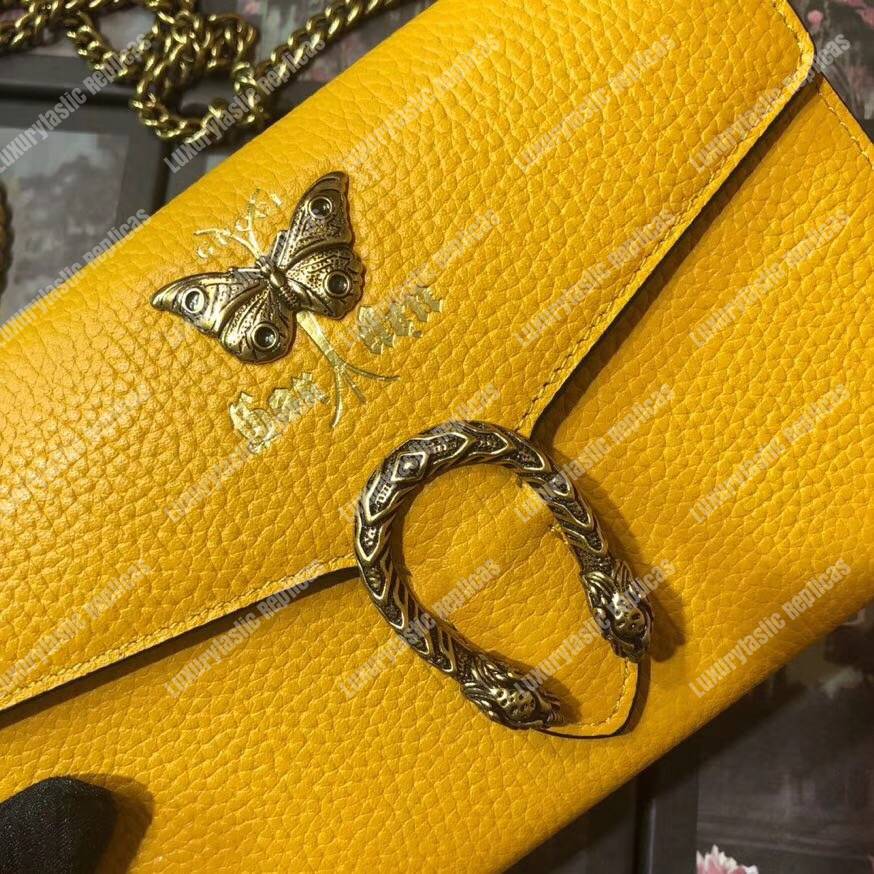 G*u*i calfskin garden dionysus chain wallet yellow with butterfly