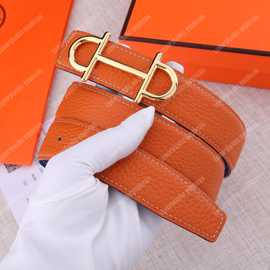 H**mes gamma belt buckle sellier reversible leather strap orange / blue