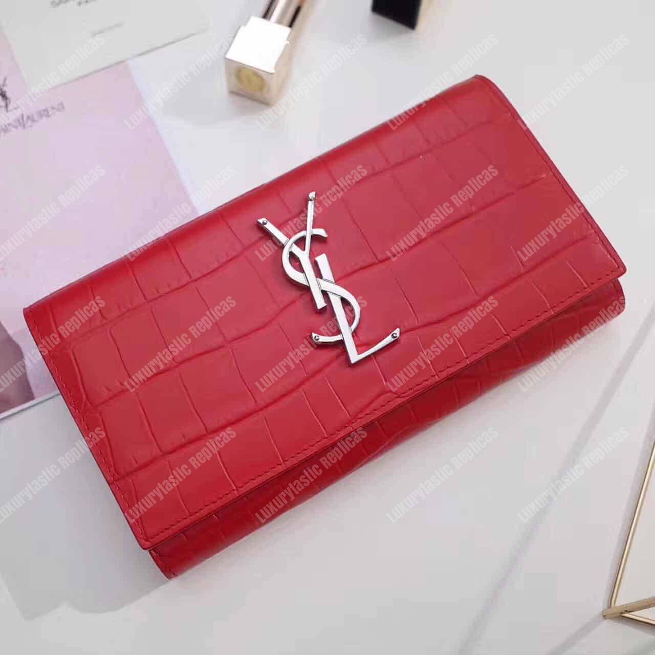Saint Laurent Large Flap Wallet In Red Crocodile Embossed Shiny