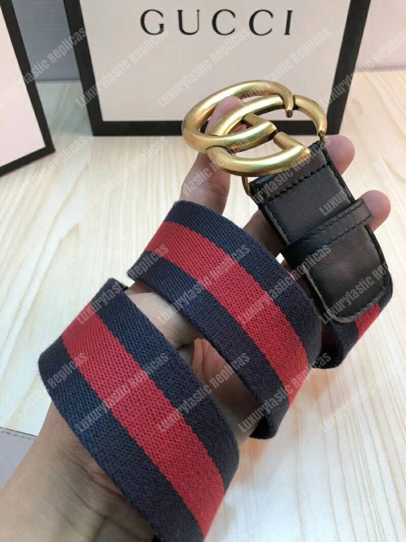 G*u*i nylon web belt with double g buckle blue and red
