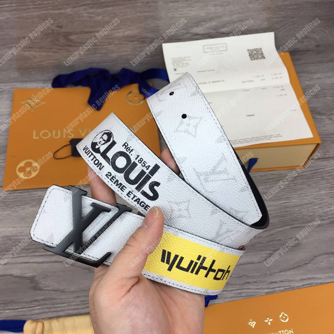 LV White Initiales With Printed Stickers 40MM Reversible Leather Belt Black Hardware