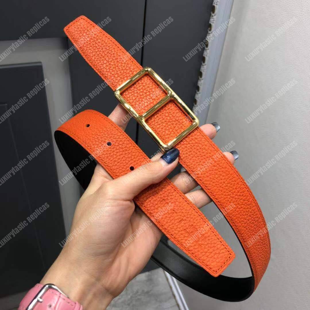 H**mes officier belt buckle reversible leather strap black/orange