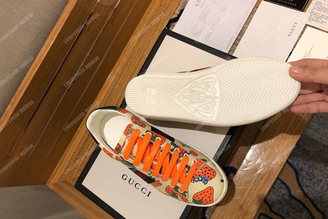 G*u*i ace sneaker with G*u*i strawberry print