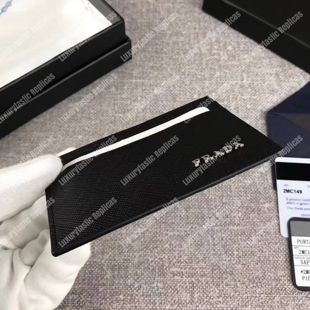 Pra*a saffiano leather card holder metal logo black