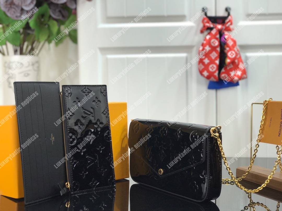 LV Pochette Felicie Monogram Vernis Leather Black