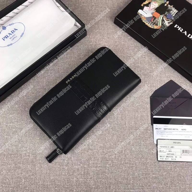 Pra*a saffiano and crocodile leather wallet all black with crocodile insert