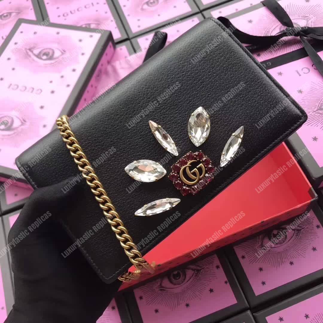 G*u*i leather mini chain bag with double g crystals black