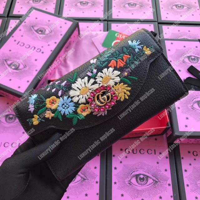 G*u*i embroidered leather continental wallet black