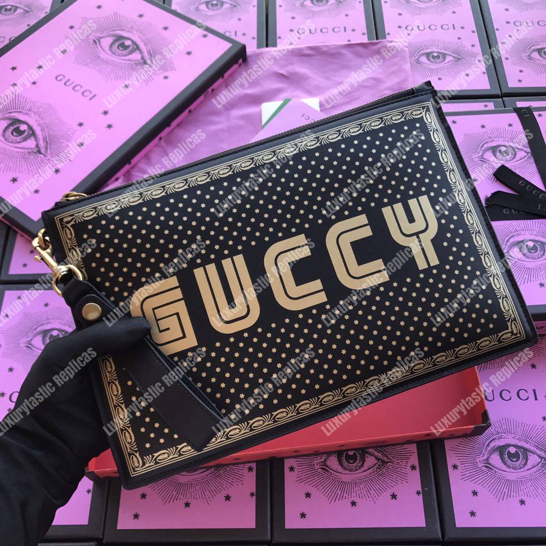g*u*i G*u*iy print leather pouch bag black