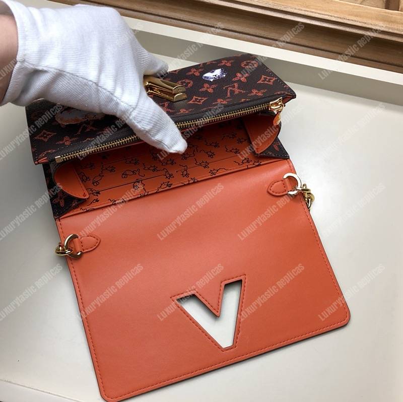 LV Twist Chain Wallet Catogram Dogs and Cats Brown Orange