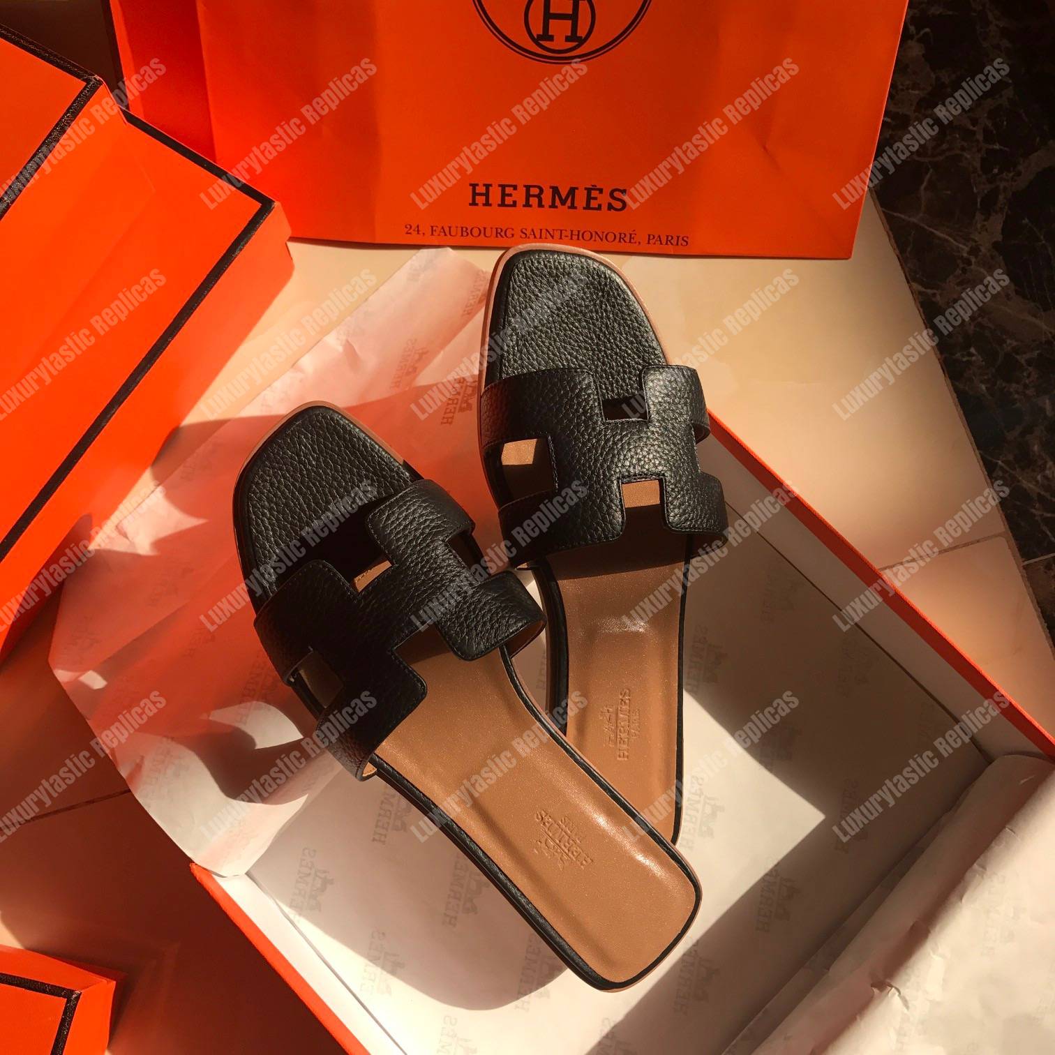 H**mes oran sandal epsom leather black