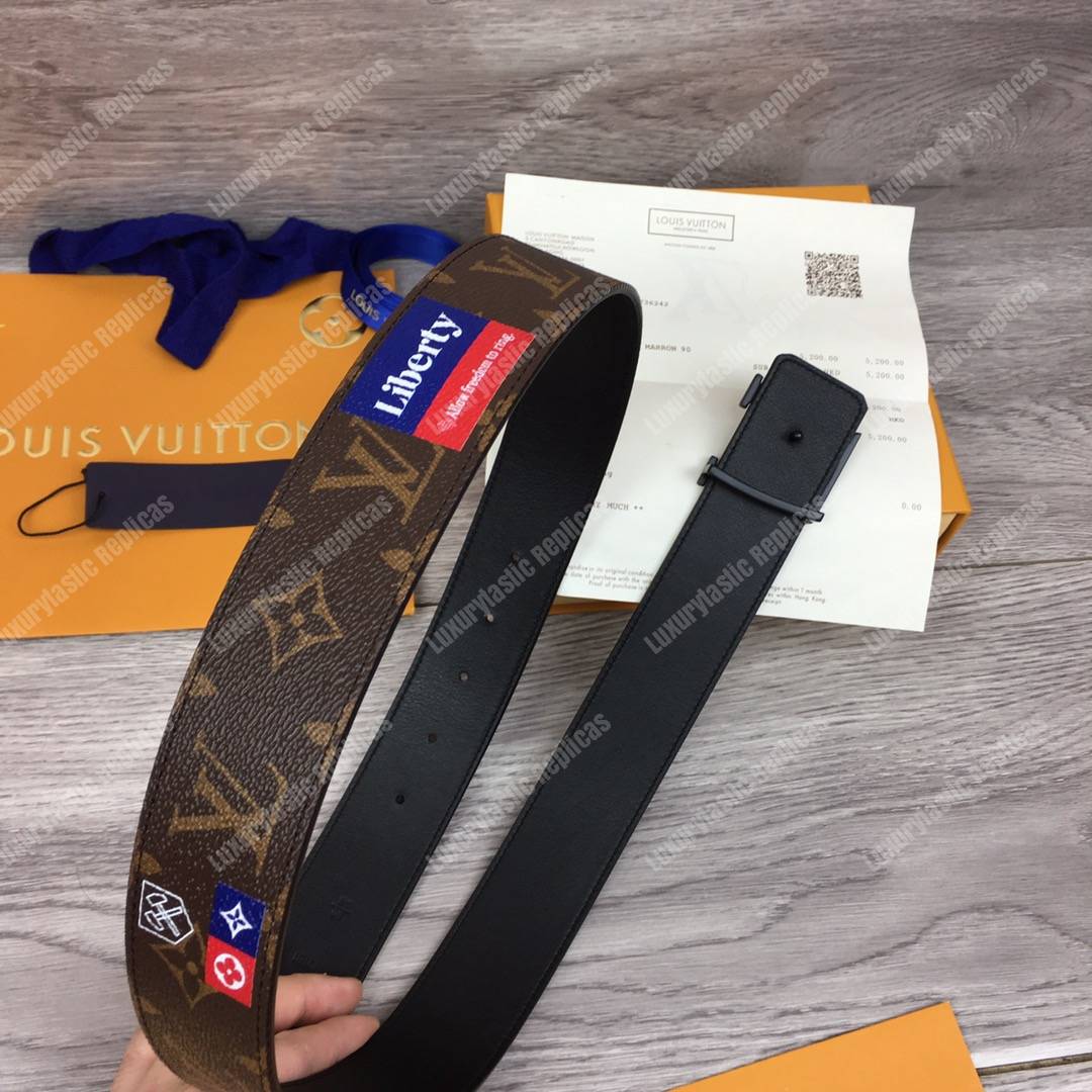 LV Brown Initiales With Printed Stickers 40MM Reversible Leather Belt Black Hardware