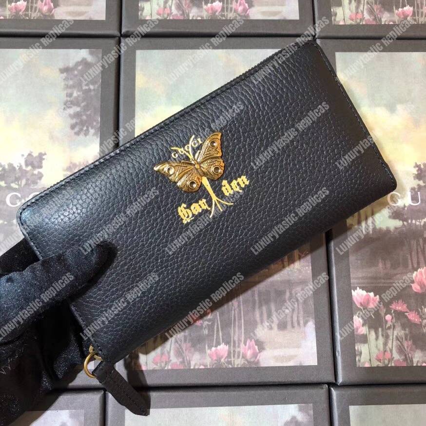 G*u*i garden leather zip around wallet black with butterfly