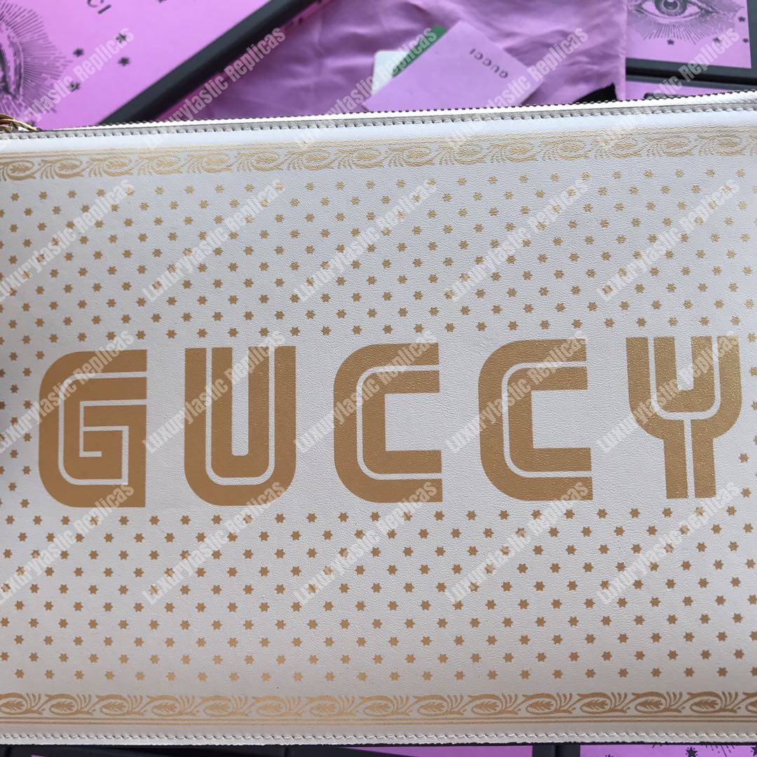 g*u*i G*u*iy print leather pouch bag white