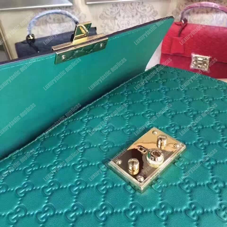 G*u*i padlock medium signature top handle bag emerald green