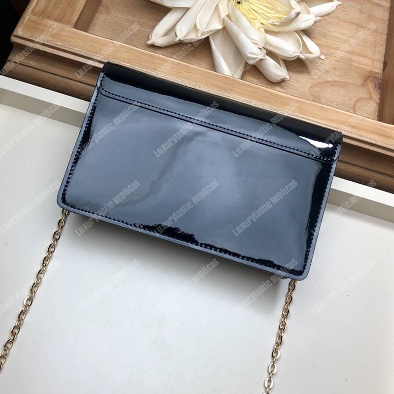 LV Cherrywood Chain Wallet patent calf leather with Monogram canvas in Black