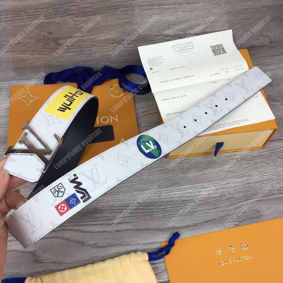 LV White Initiales With Printed Stickers 40MM Reversible Leather Belt Gold Hardware
