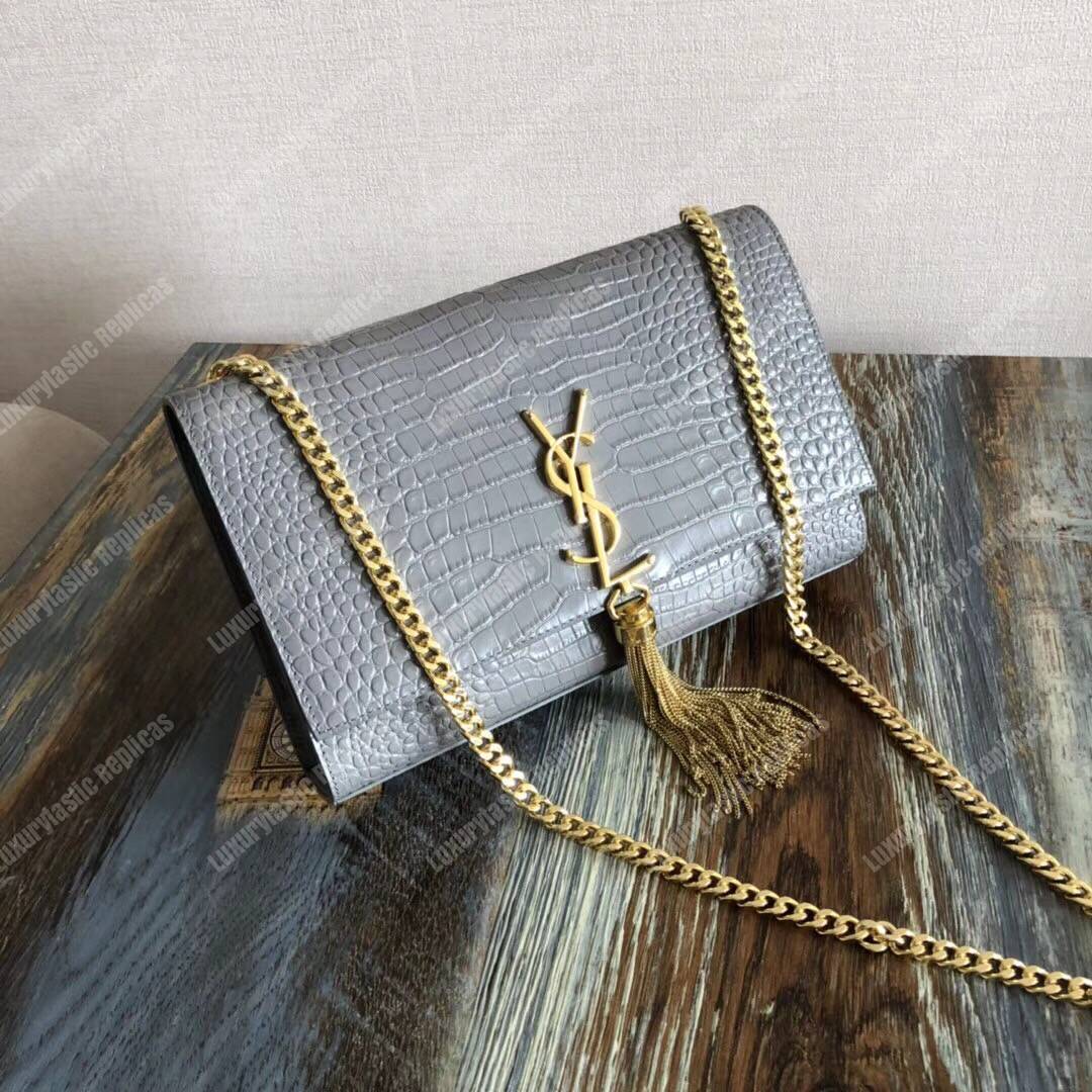 Saint Laurent Medium Kate Tassel Chain Bag Earth Grey Crocodile