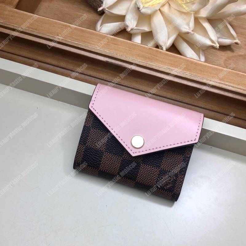 LV Zoé Wallet Damier Ebene Rose Ballerine colored leather