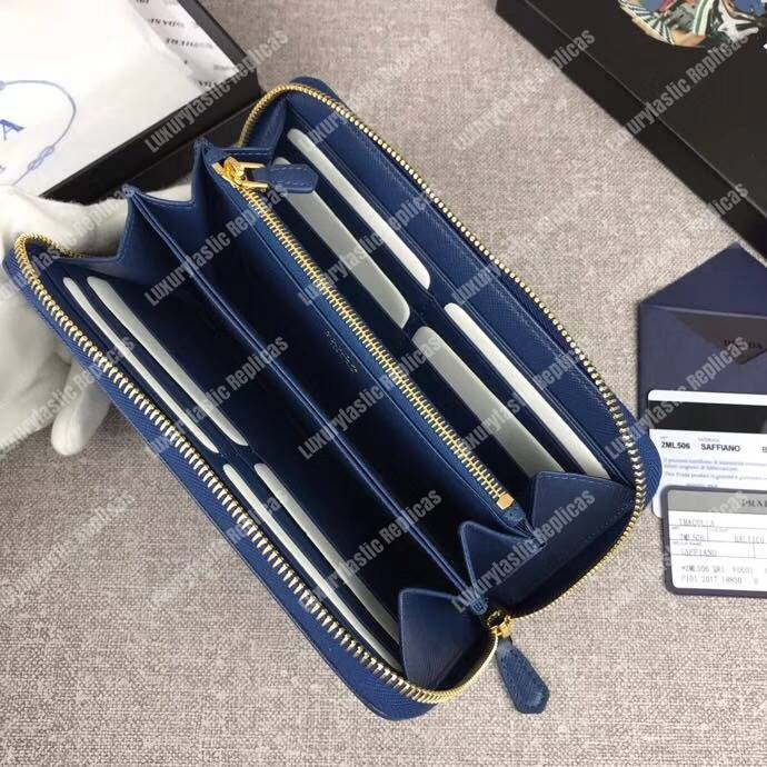 Pra*a large saffiano leather wallet blue gold hardware