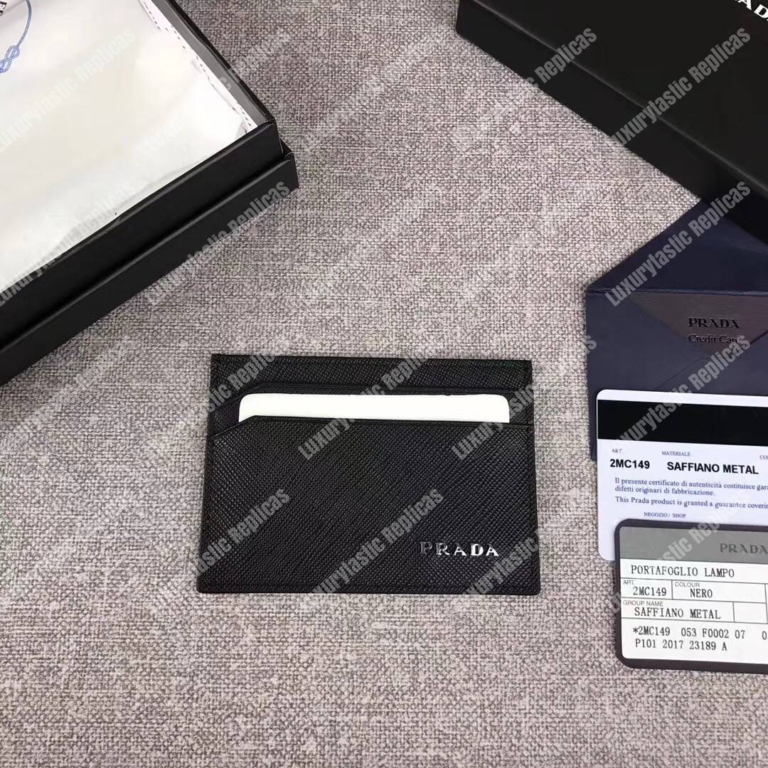 Pra*a saffiano leather card holder metal logo black