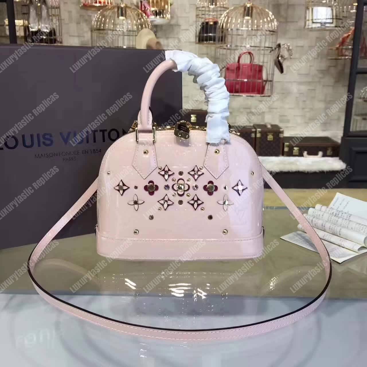 LV Alma BB Tote Bag Monogram Vernis Rose Ballerine